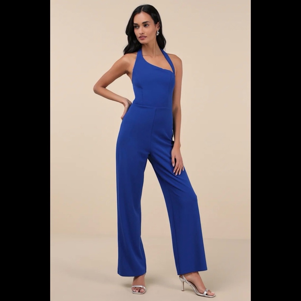 NWT LULUS Flirty Outing Royal Blue Asymmetrical Halter Jumpsuit